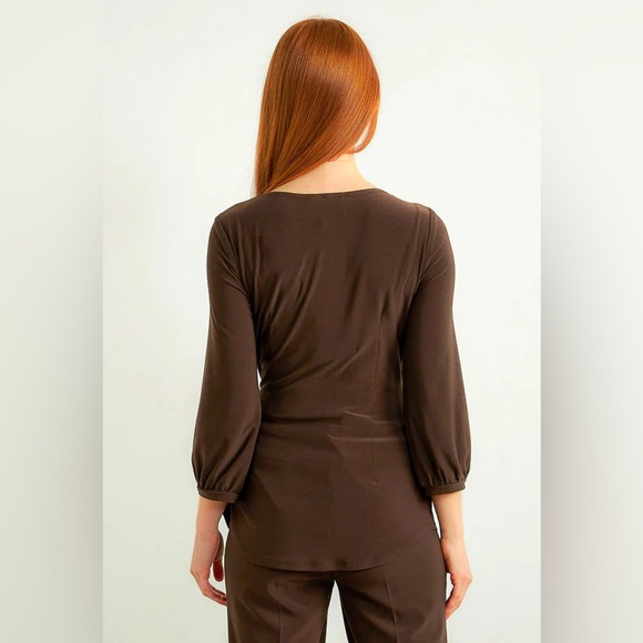 Joseph Ribkoff Wrap Top Style 213349 V Neck Mocha 3/4 Sleeve - Picture 3 of 9